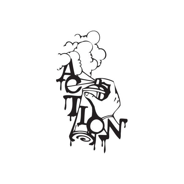 Graffiti decal with black illustrated street art character holding a spray can and drips