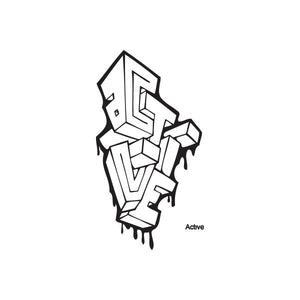 Graffiti decal with bold abstract tag design and black outline accents