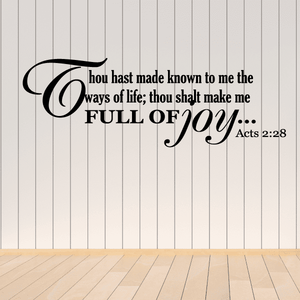 Black wall decal with ornate script and quote text, featuring Acts 2:28.