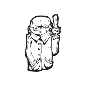 Graffiti-style character decal, black and white outline with hand gesture