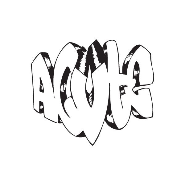Graffiti decal with bold black-and-white tag lettering, die-cut