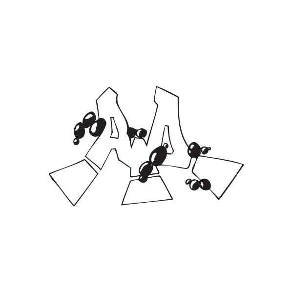 Graffiti decal with black stylized letters and round paint splatter accents