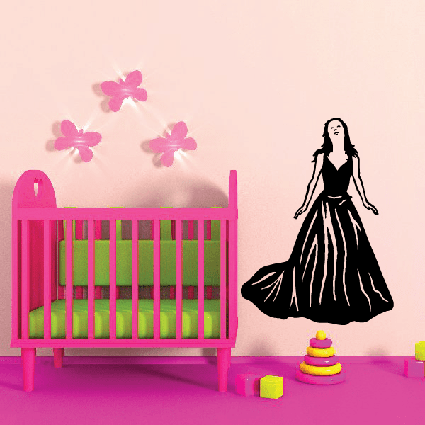 Bride decal with flowing black dress and three pink butterflies