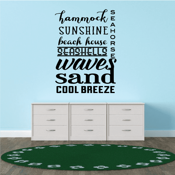 Adventure collage wall decal with beach word art: hammock, sunshine, waves, sand