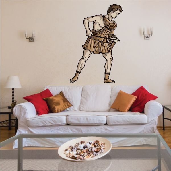 Aeneas sticker of a classical man in a draped tunic, standing and walking