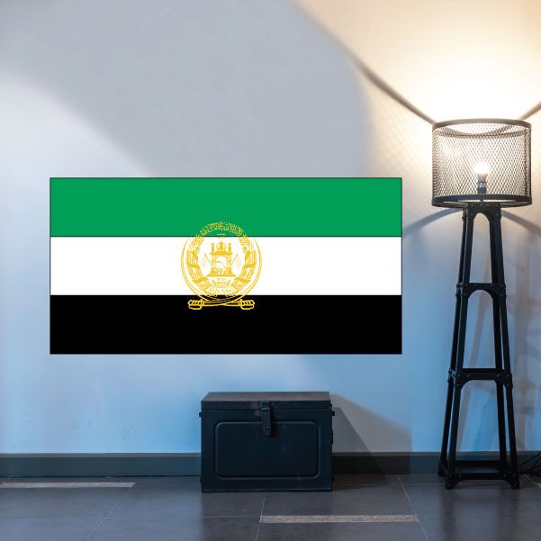 Afghanistan flag sticker, rectangular green-white-black stripes with gold emblem