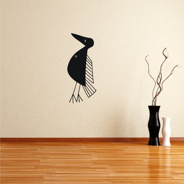 Black bird wall decal with striped wing and branch-like tail