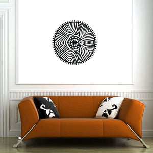 African art curve pattern decal, black circular line motif on white background