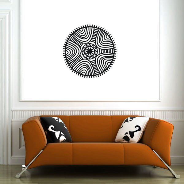 African art curve pattern decal, black circular line motif on white background