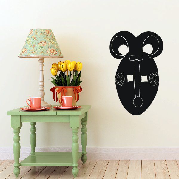 African horn mask wall decal with black curved horns and face design