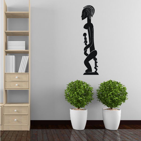 African art female statue silhouette wall decal, dark profile with headdress