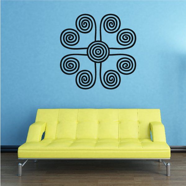 Floral sun wall decal with circular swirl rays, black