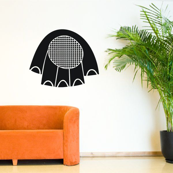 Black wall decal of animal silhouette with circular mesh head and arched legs