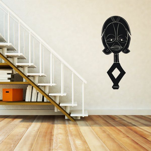 African art head wall decal with black stylized face and hanging diamond accent