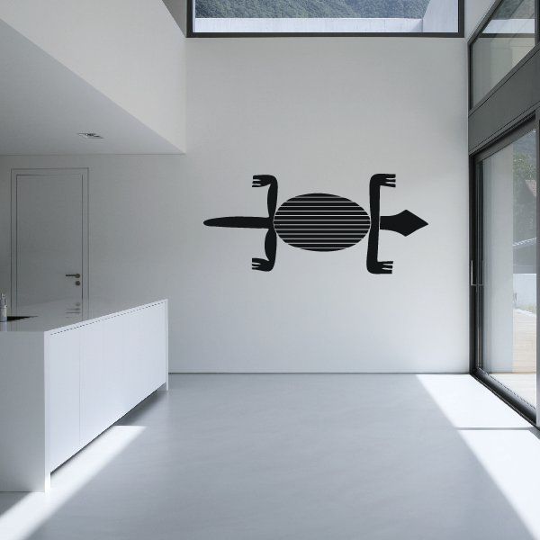 Horizontal lizard wall decal with striped belly and black outline, minimalist design