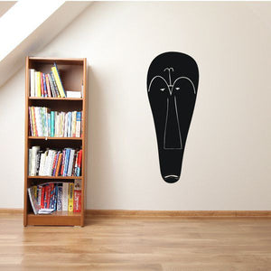 Long face mask wall decal with black background and white outline art
