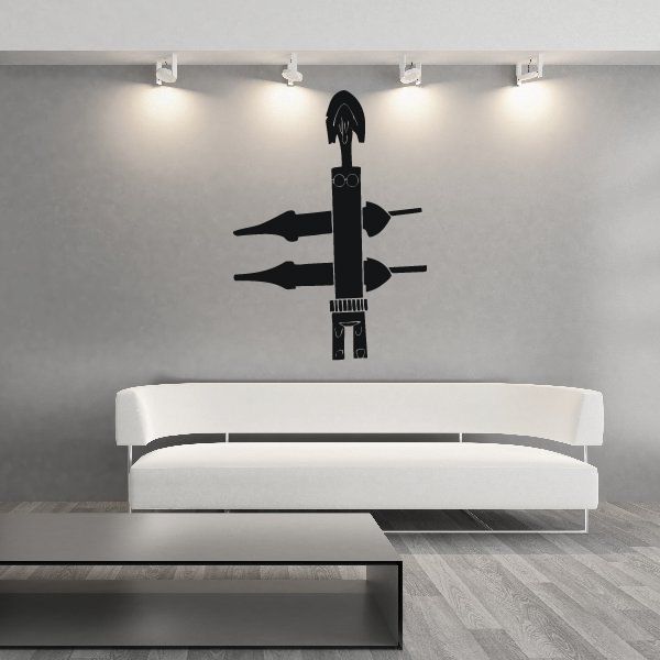 African art masked figurine wall decal, tall black figure with staff and necklace