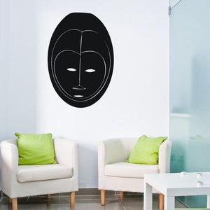 Oval face mask wall decal, black with white line art and eye openings