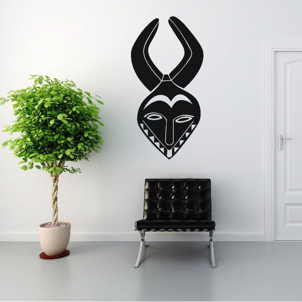 African art pointed horn mask decal, black face with pointed horns and patterned details