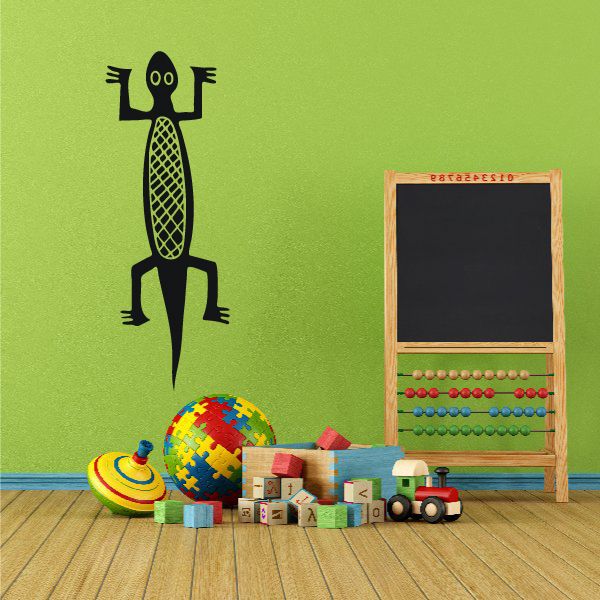 Vertical lizard wall decal with black stylized figure and patterned body