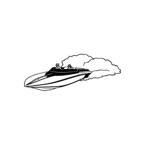 Speedboat decal of a black racing boat with two riders and bold white stripe lines
