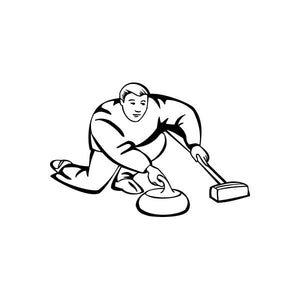 Curling player decal of a kneeling athlete aiming a curling stone