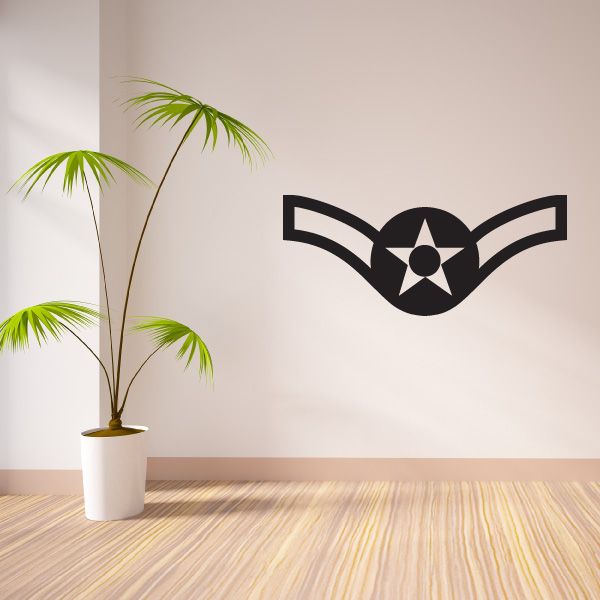 Air Force airman wall decal, black winged emblem with star and circular center