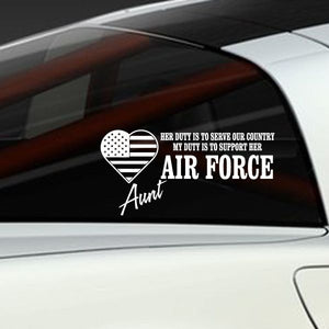 Air Force Aunt duty decal featuring heart with US flag and 'Air Force' text