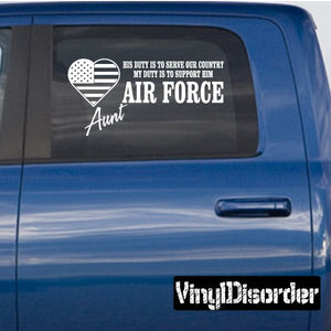 Air Force duty decal: heart US flag, “Aunt”, and “AIR FORCE” text