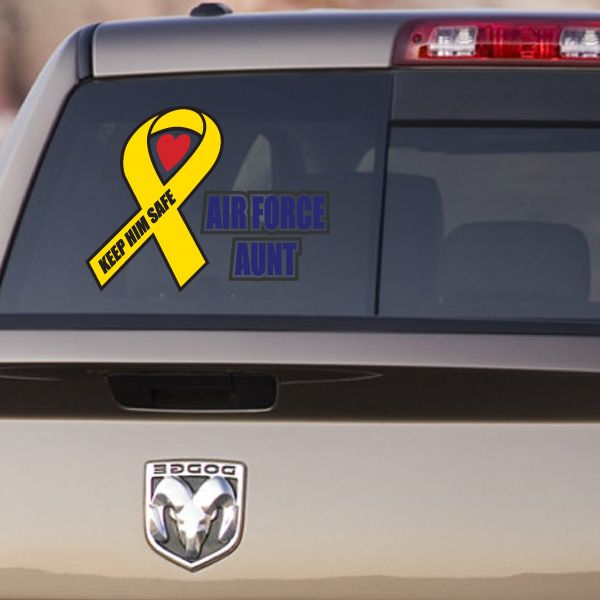 Die-cut car decal with yellow ribbon, heart, 'Keep Him Safe' and 'Air Force Aunt'