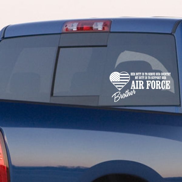Air Force brother duty car window decal with heart and wings graphic