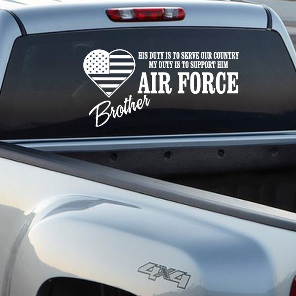 Air Force brother duty car decal with heart, flag, and “Air Force” text