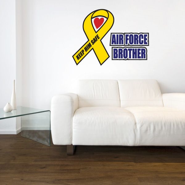 Die-cut decal with yellow ribbon and heart, text "Air Force Brother"