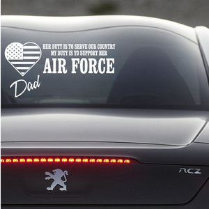 Air Force dad car decal with heart USA flag, 'HER DUTY' text, and 'AIR FORCE'