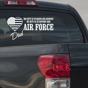 Air Force dad duty decal: U.S. flag heart with 'AIR FORCE' and Dad script