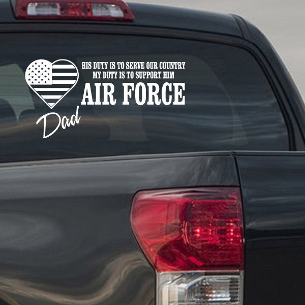 Air Force dad duty decal: U.S. flag heart with 'AIR FORCE' and Dad script