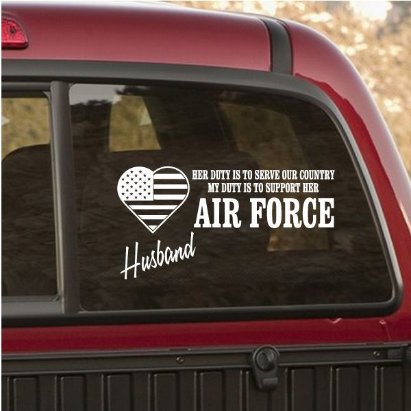 Air Force husband duty car decal with heart US flag and white lettering on window