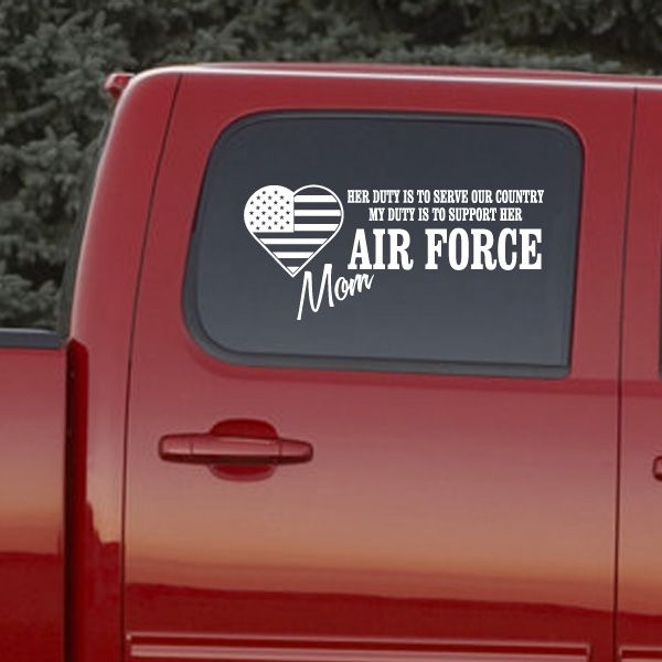 Air Force mom duty decal with heart and flag icon, reads "Her duty is to serve our country"