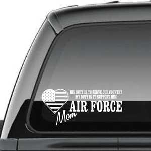 Air Force Mom his duty decal with heart, stars and stripes on car window