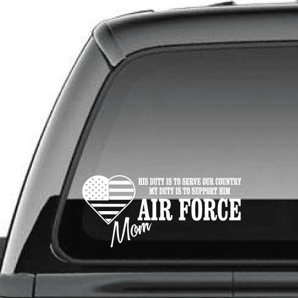 Air Force Mom his duty decal with heart, stars and stripes on car window