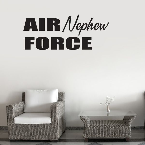 Black block wall decal reading “Air Nephew Force”