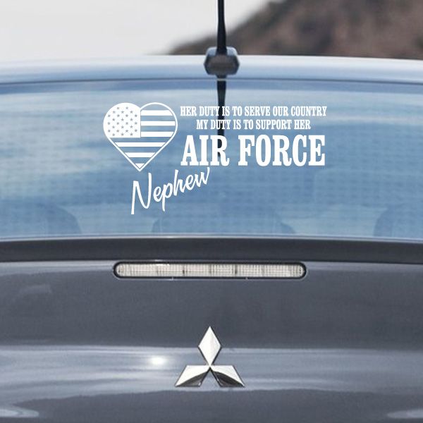 Vinyl car decal with heart design and text 'AIR FORCE' and 'Nephew'.