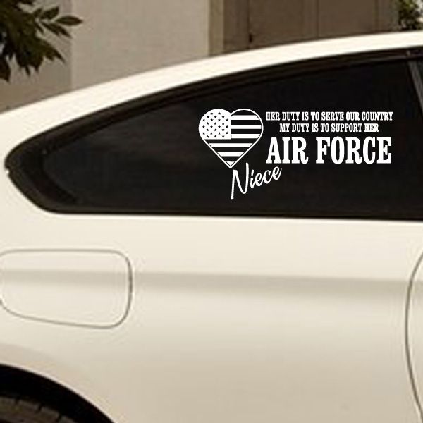 Air Force niece duty decal: white heart with flag, 'AIR FORCE' and 'Niece' text