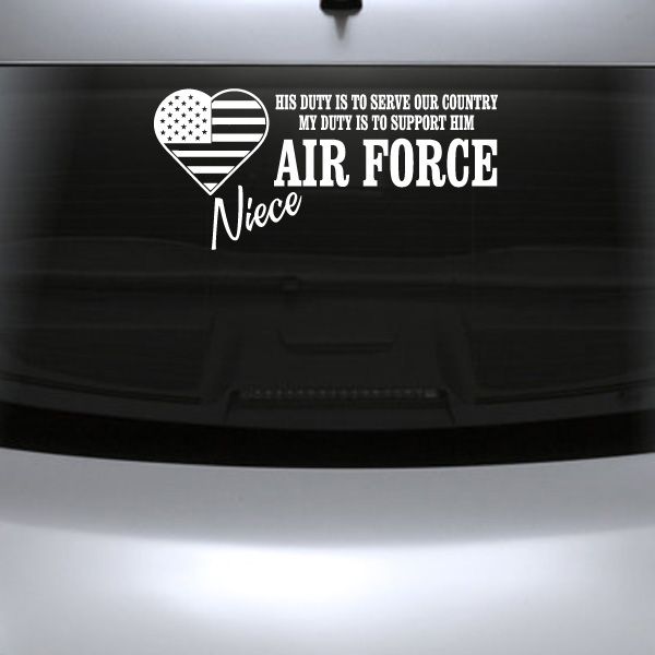 Air Force niece duty decal with heart flag icon and text on dark surface
