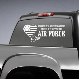 Car decal: Air Force Son text with heart-and-flag graphic in white