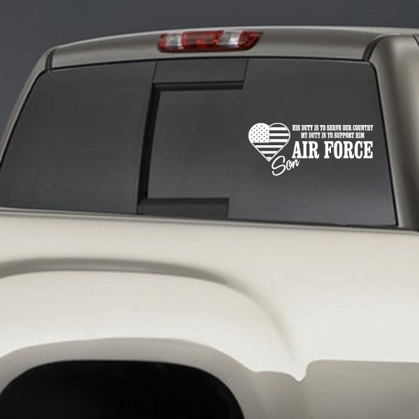 Air Force Son his duty decal with heart and U.S. flag on dark window
