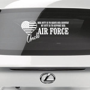 Air Force uncle duty decal with heart stripes and AIR FORCE text