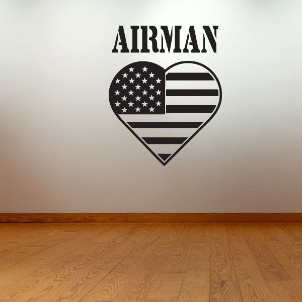 Heart-shaped decal with AIRMAN text and U.S. flag stars and stripes design