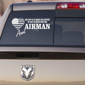 Airman Aunt duty decal with heart and U.S. flag, text AIRMAN and Aunt