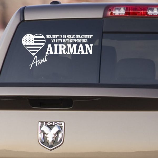 Airman Aunt duty decal with heart and U.S. flag, text AIRMAN and Aunt